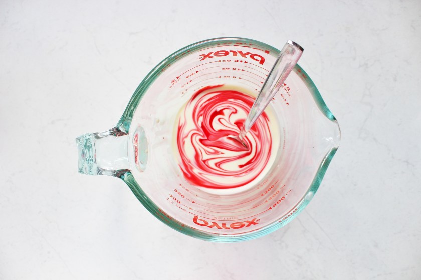 cream red food colouring swirl