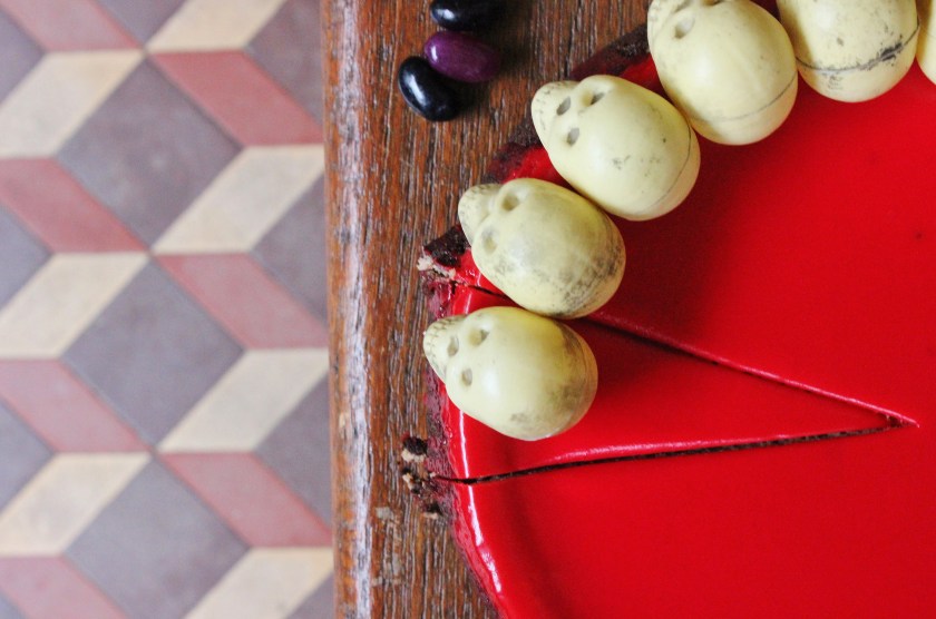 halloween chocolate cheesecake above shot sliced
